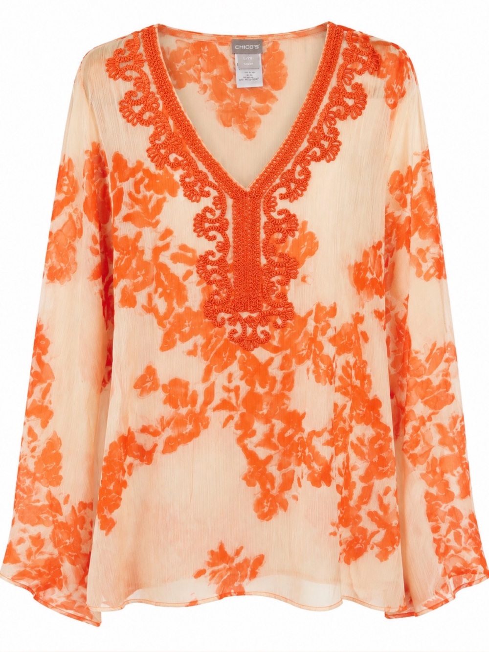 Chico's Orange Floral Embroidered V-Neck Poncho